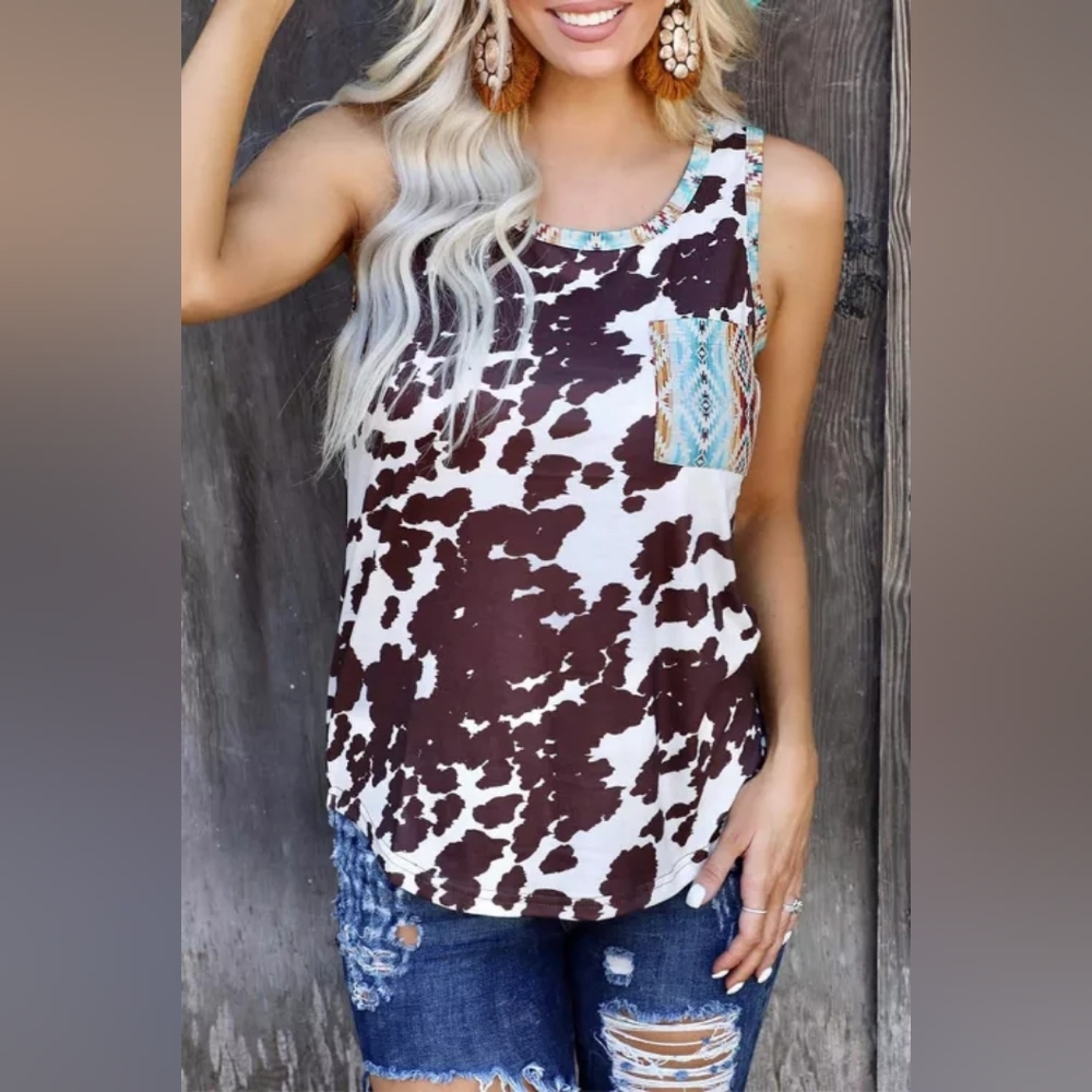 Cow Print Aztec Pocket Tank Top